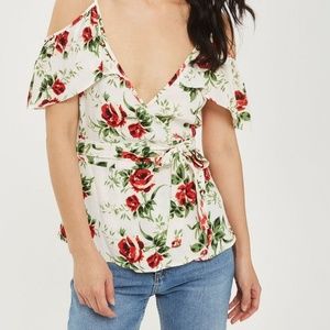 Topshop l Rose print cold shoulder wrap top